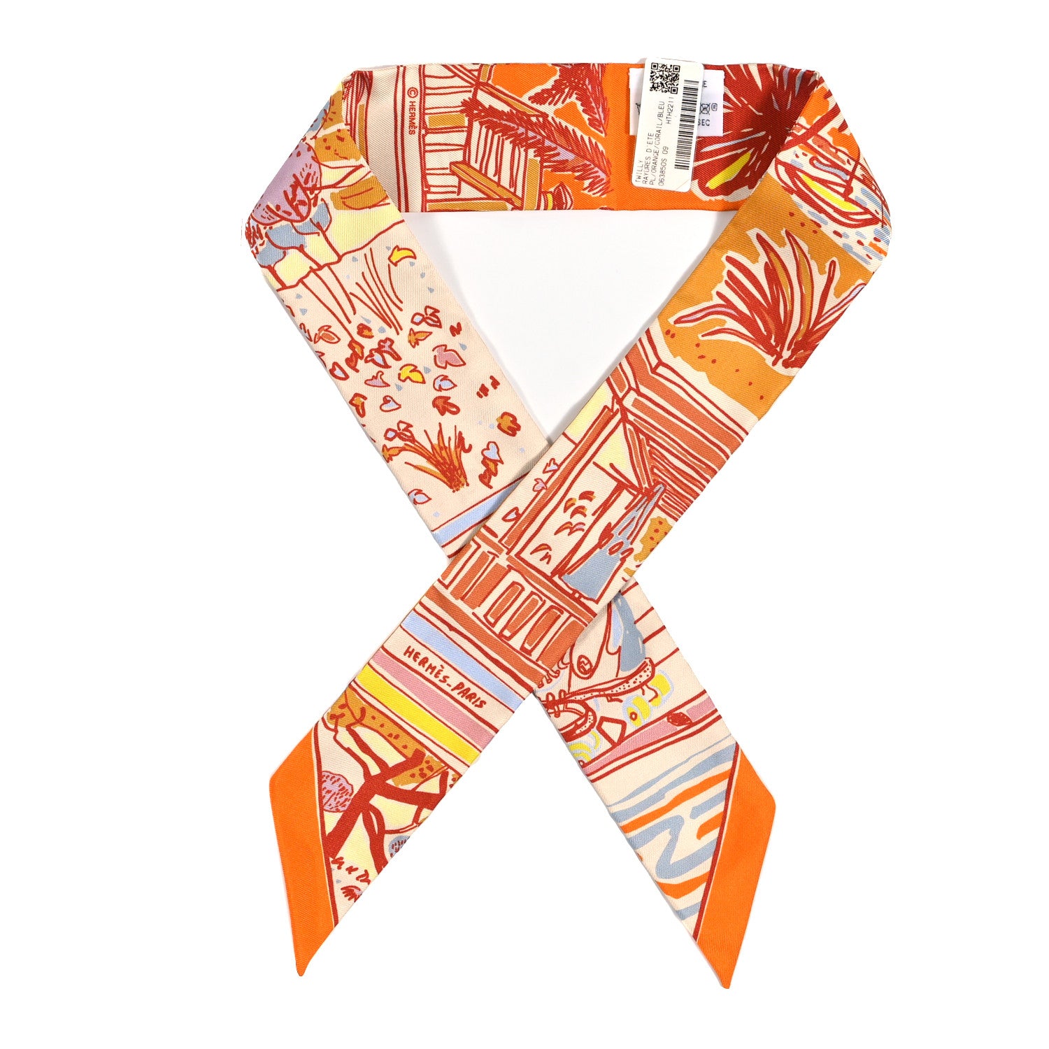 Hermes Silk Rayures D'ete Twilly Orange Corail Bleu 1 of 4