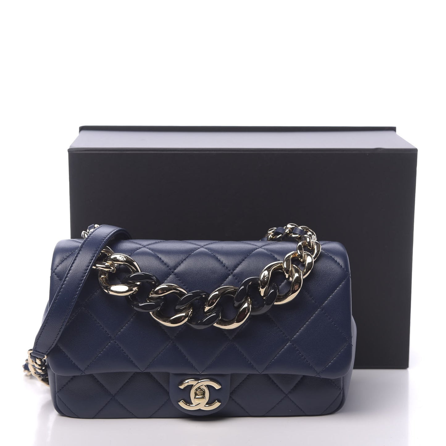 Lambskin Quilted Resin Bi-Color Chain Flap Bag Navy