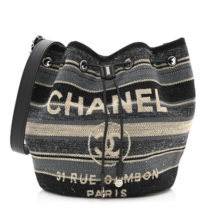 Chanel Striped Canvas Deauville Drawstring Bag Grey Black 1 of 10