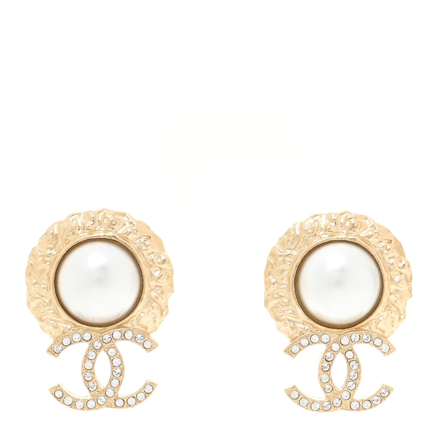 Crystal Pearl Textured CC Round Drop Earrings Gold