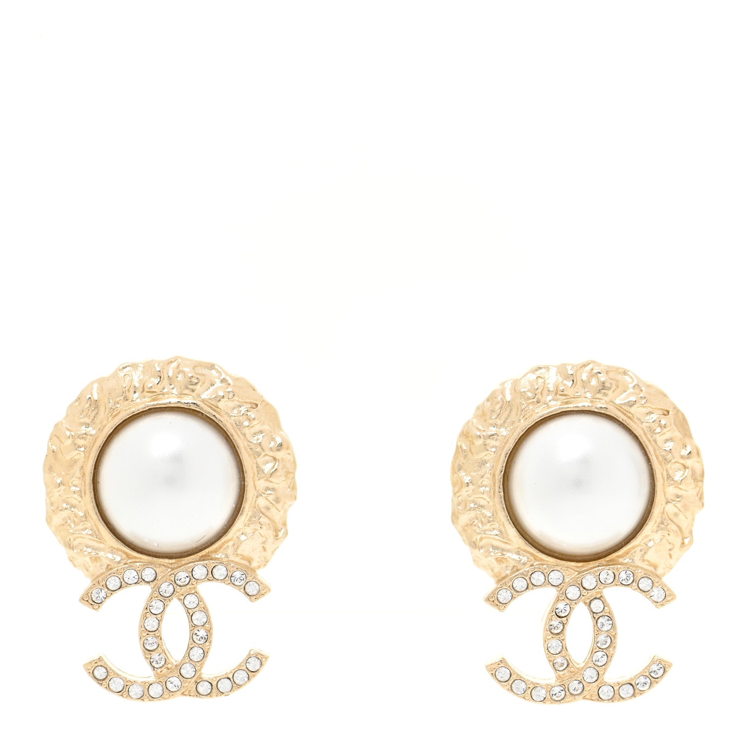 Chanel Crystal Pearl Textured CC Round Drop Earrings Gold 1 of 4