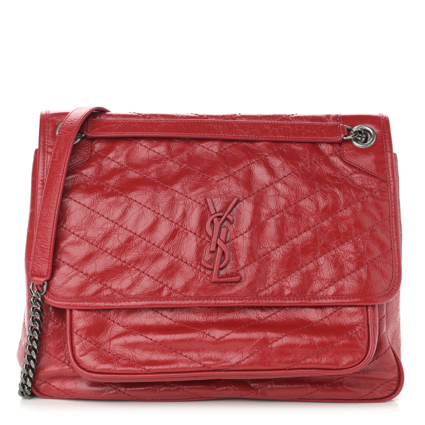 Crinkled Calfskin Matelasse Monogram Large Niki Chain Satchel Rouge Eros
