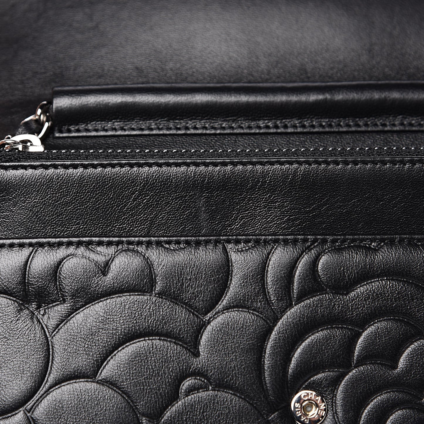 Lambskin Camellia Embossed Wallet on Chain WOC Black