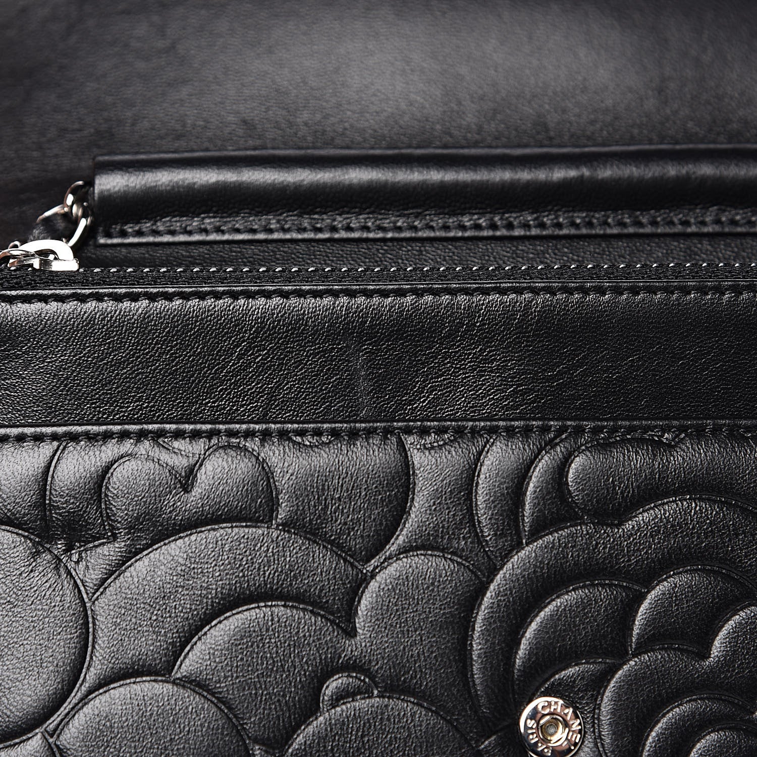 Chanel Lambskin Camellia Embossed Wallet on Chain WOC Black 14 of 15
