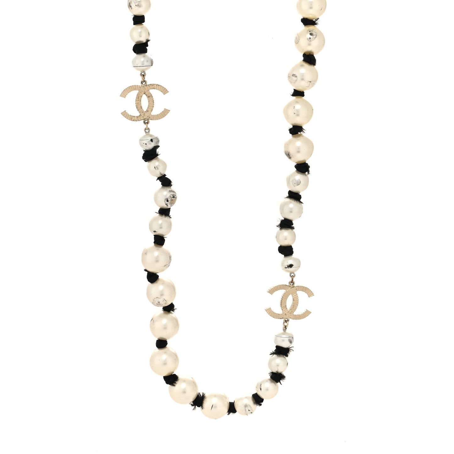 Pearl Grosgrain CC Long Necklace Gold