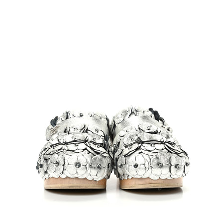Chanel Metallic Crumpled Lambskin Wooden Camellia Mules 37.5 Silver 2 of 12
