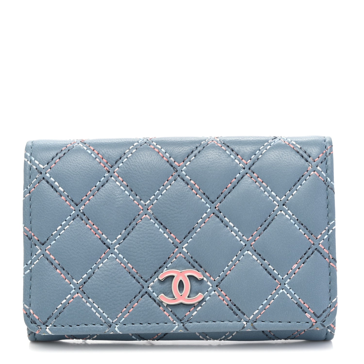 Chanel Lambskin Double Stitch Quilted Flap Card Holder Light Blue 1 of 8