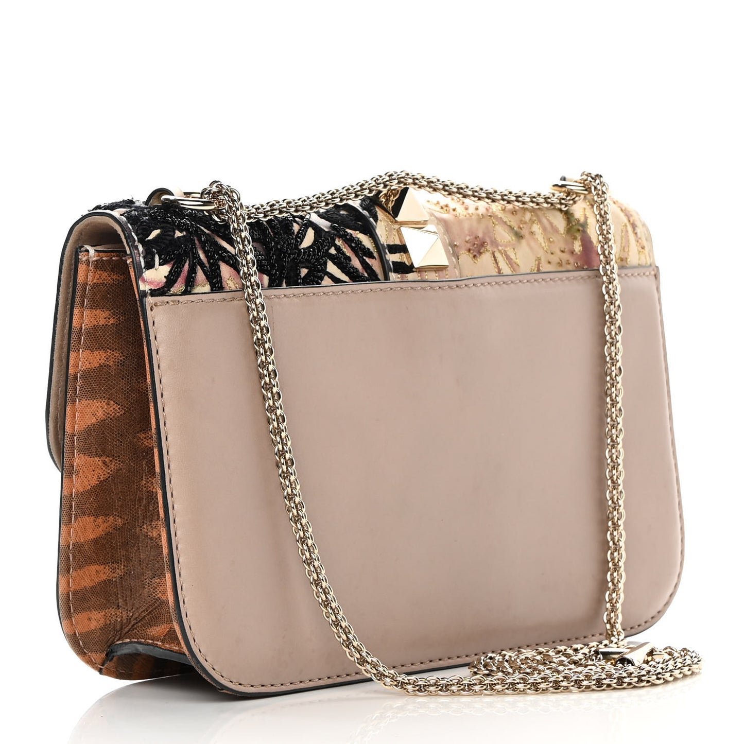 Vitello Embroidered Beaded Medium Glam Lock Rockstud Flap Beige