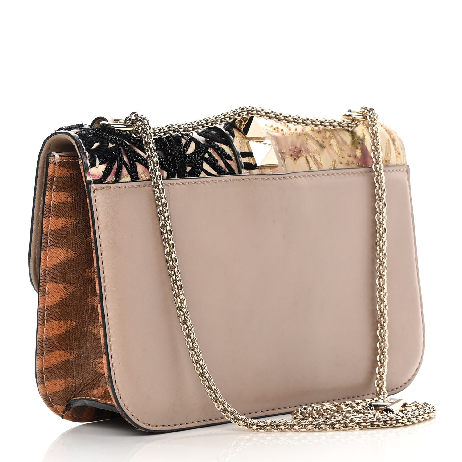 Valentino Garavani Vitello Embroidered Beaded Medium Glam Lock Rockstud Flap Beige 3 of 17