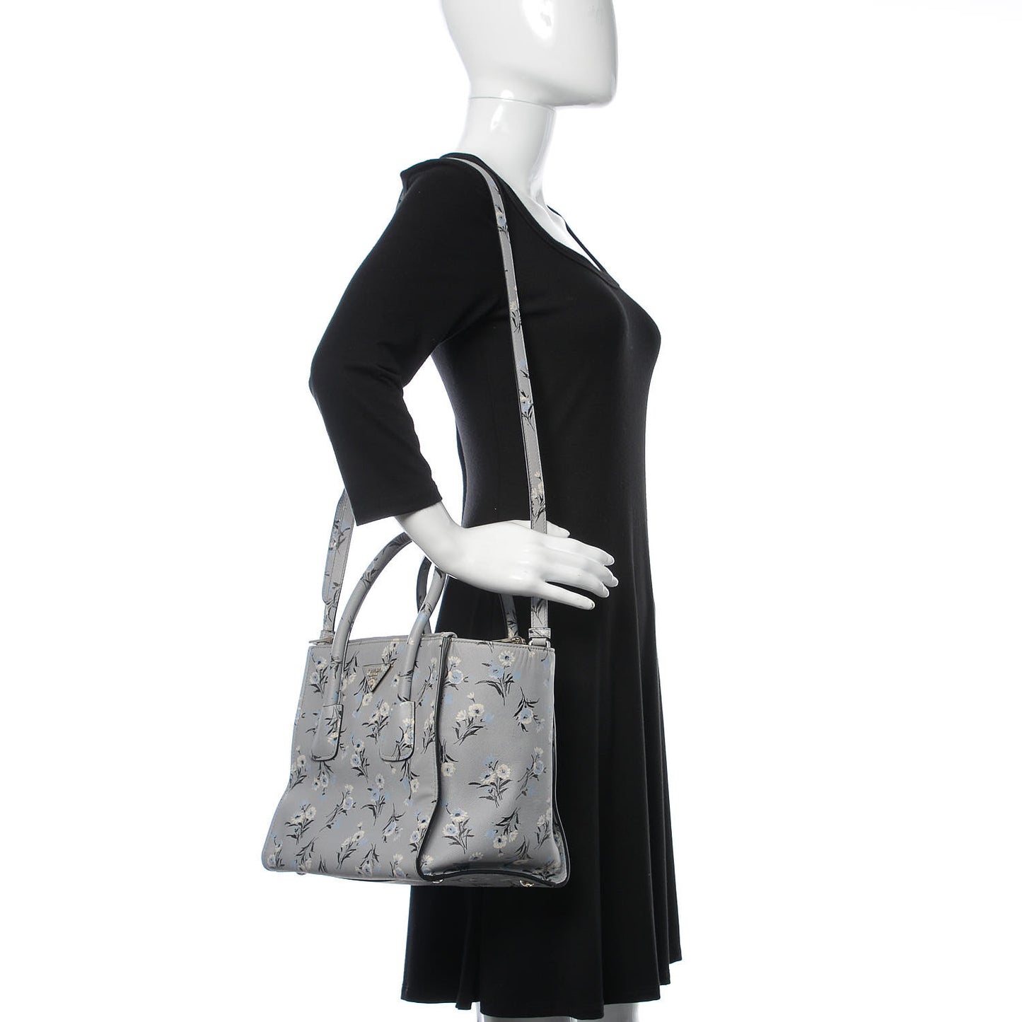 Soft Saffiano Floral Print Twin Pocket Tote Acciaio