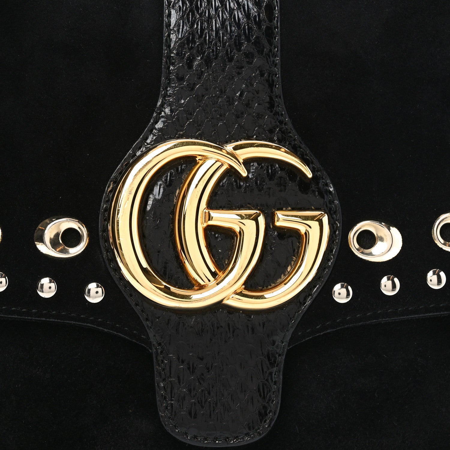 Gucci Suede Snakeskin Studded Medium Arli Flap Shoulder Bag Black 8 of 10