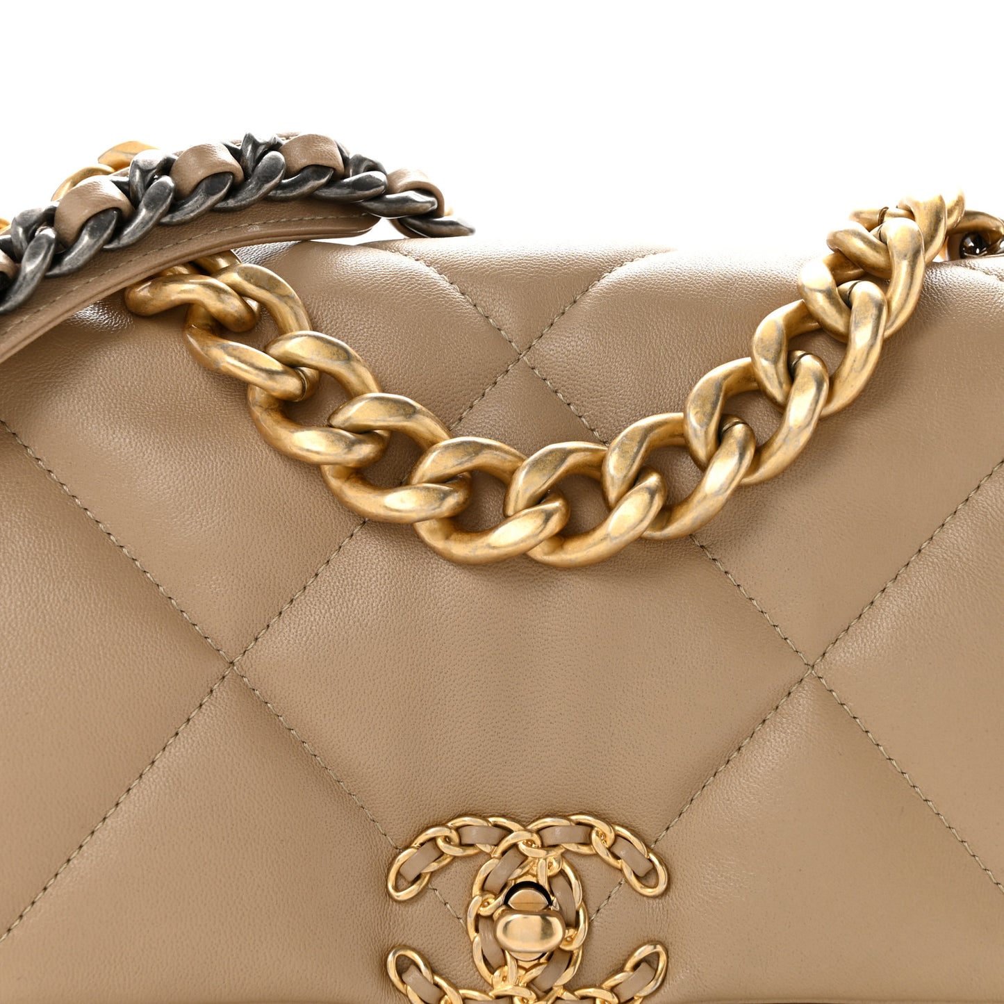 Lambskin Quilted Large Chanel 19 Flap Dark Beige