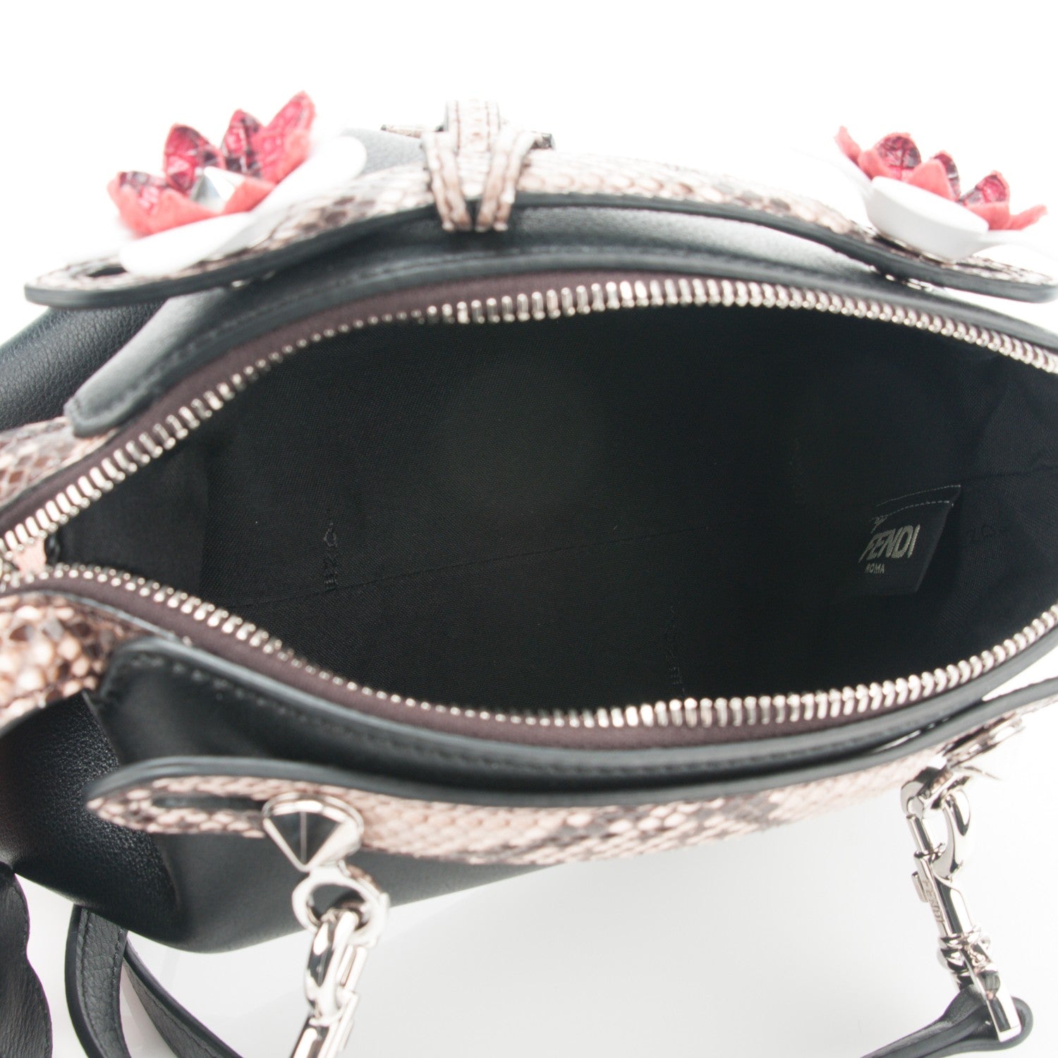 Fendi Vitello Dolce Snakeskin Nappa Croc Tail Flowerland Studded Mini By The Way Boston Bag Black Natural Multicolor 5 of 7