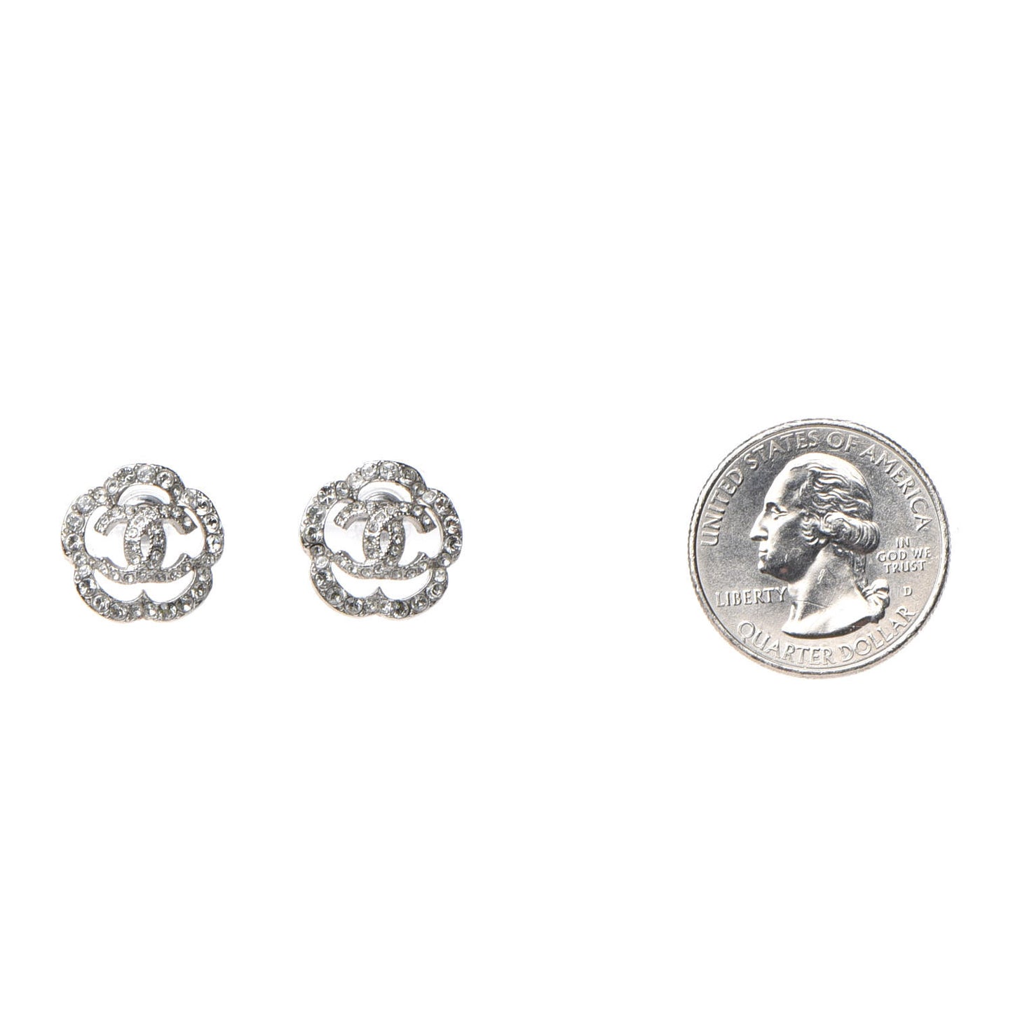 Crystal Coco Flapper Camellia CC Stud Earrings Silver