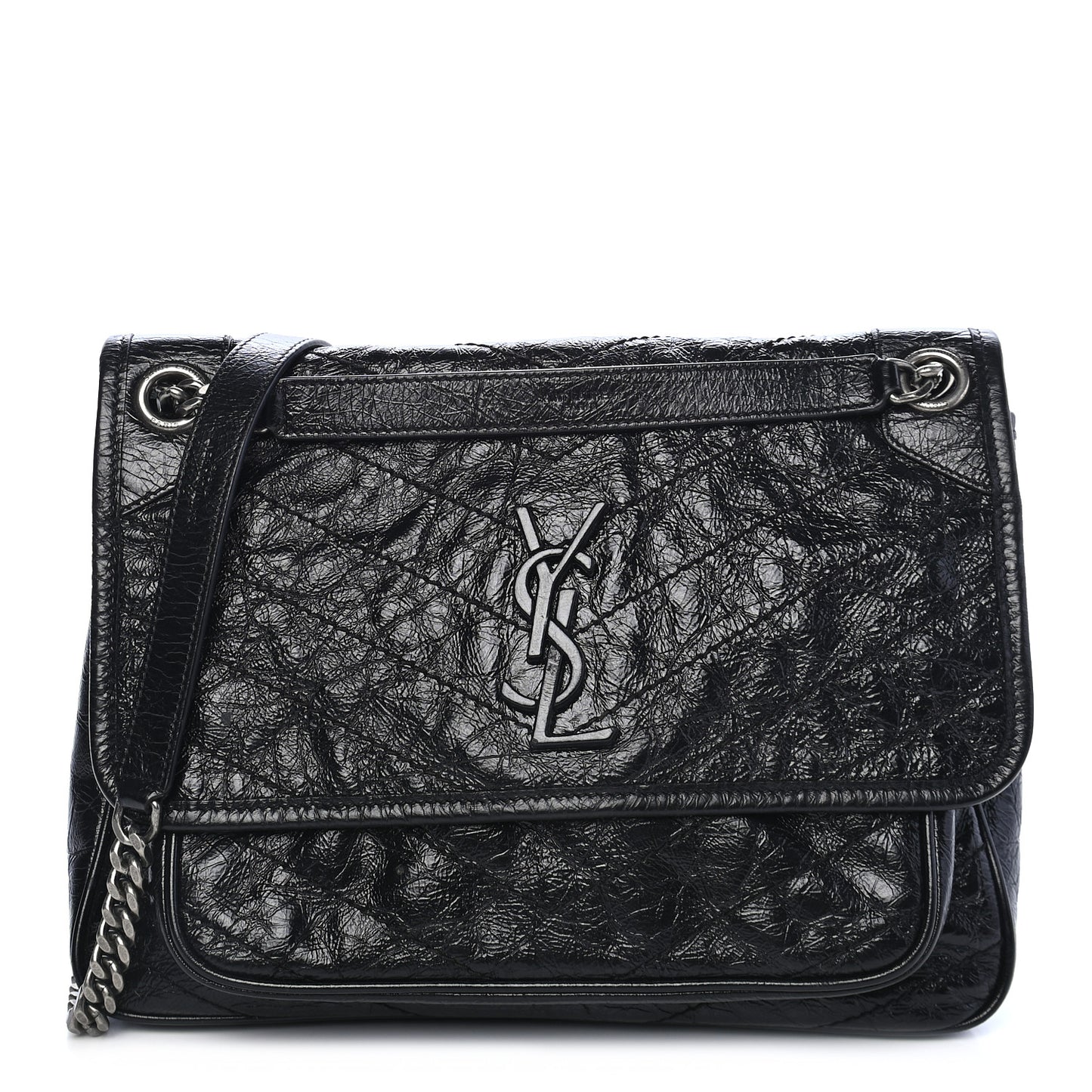 Crinkled Calfskin Matelasse Monogram Medium Niki Chain Satchel Black