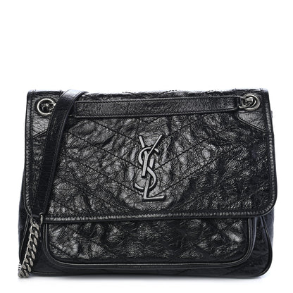 Saint Laurent Crinkled Calfskin Matelasse Monogram Medium Niki Chain Satchel Black 1 of 8