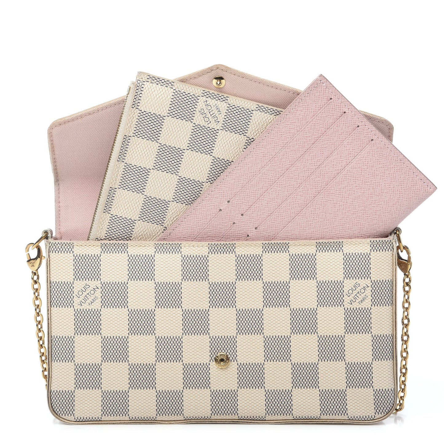 Damier Azur Pochette Felicie Chain Wallet Rose Ballerine