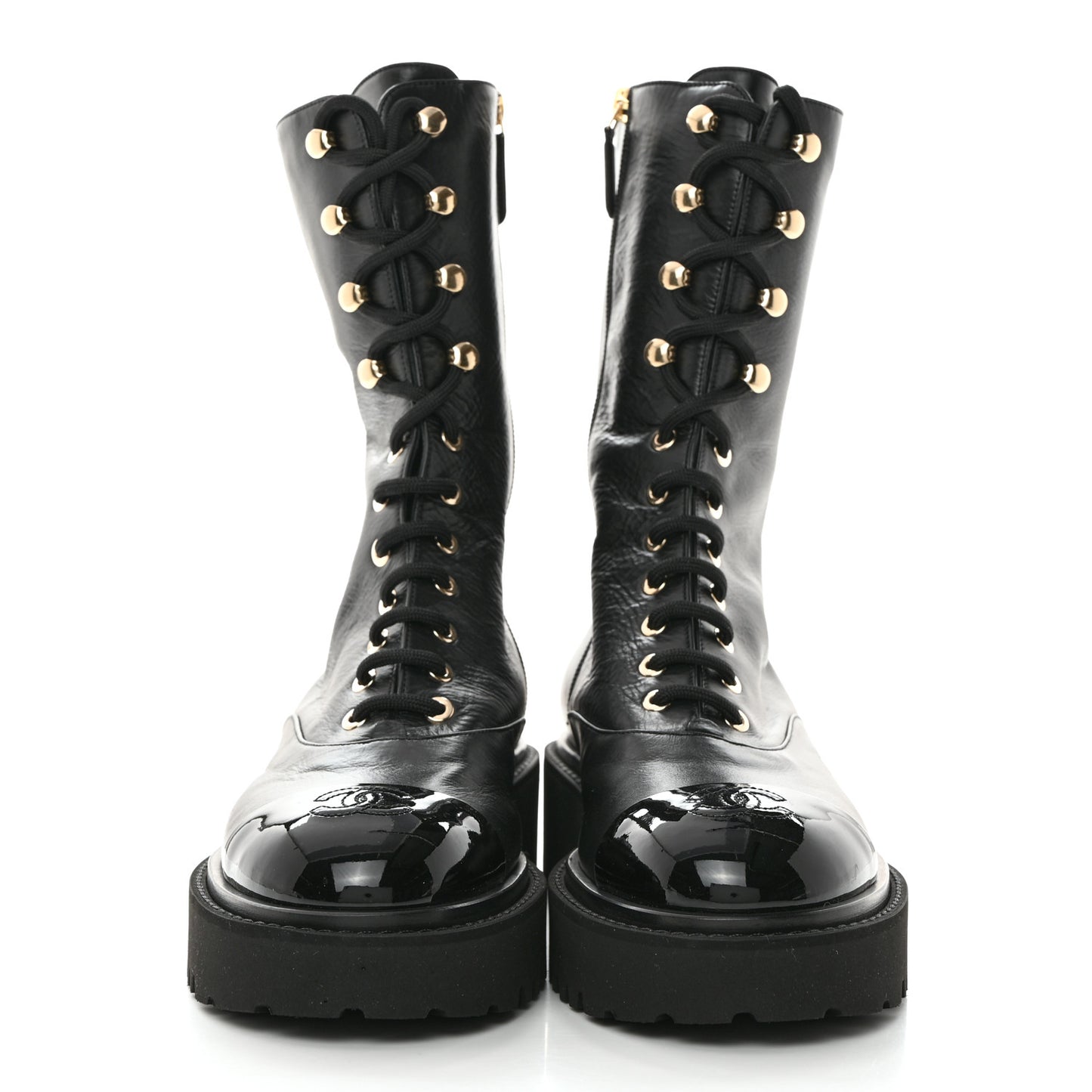 Crumpled Calfskin Patent Cap Toe Lace Up Combat Boots 41 Black