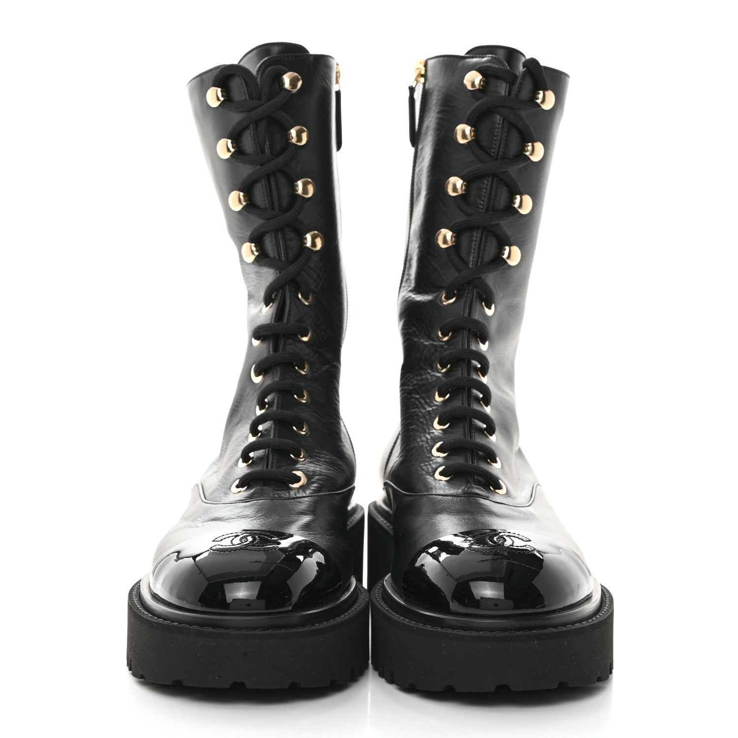 Chanel Crumpled Calfskin Patent Cap Toe Lace Up Combat Boots 41 Black 2 of 9