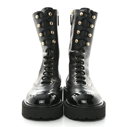 Chanel Crumpled Calfskin Patent Cap Toe Lace Up Combat Boots 41 Black 2 of 9
