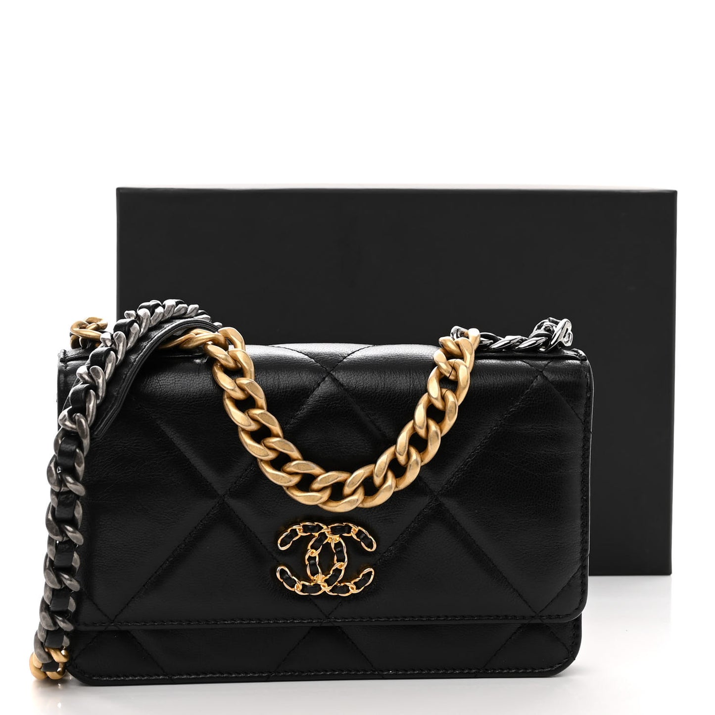Lambskin Quilted Chanel 19 Wallet On Chain WOC Black