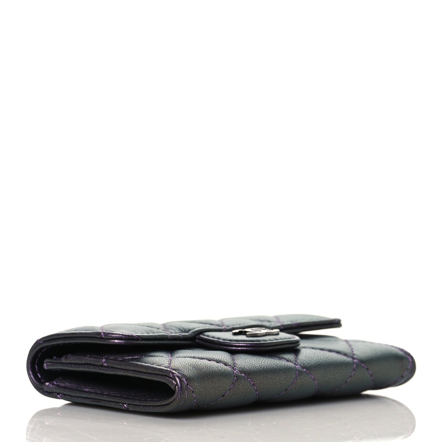 Iridescent Lambskin Quilted Flap Card Holder Purple