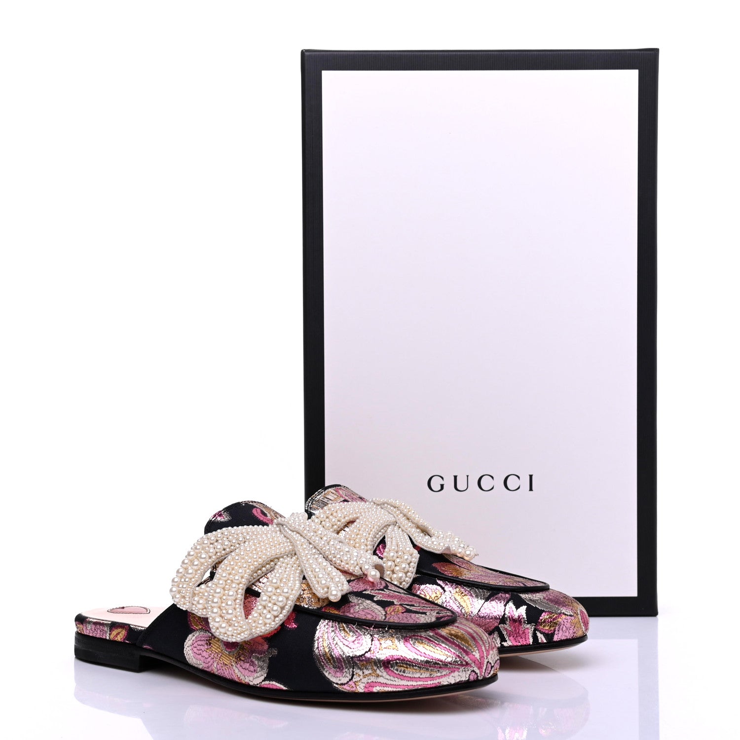 Gucci Iridescent Brocade Pearl Bow Womens Princetown Slippers 36.5 Black Pink 16 of 16