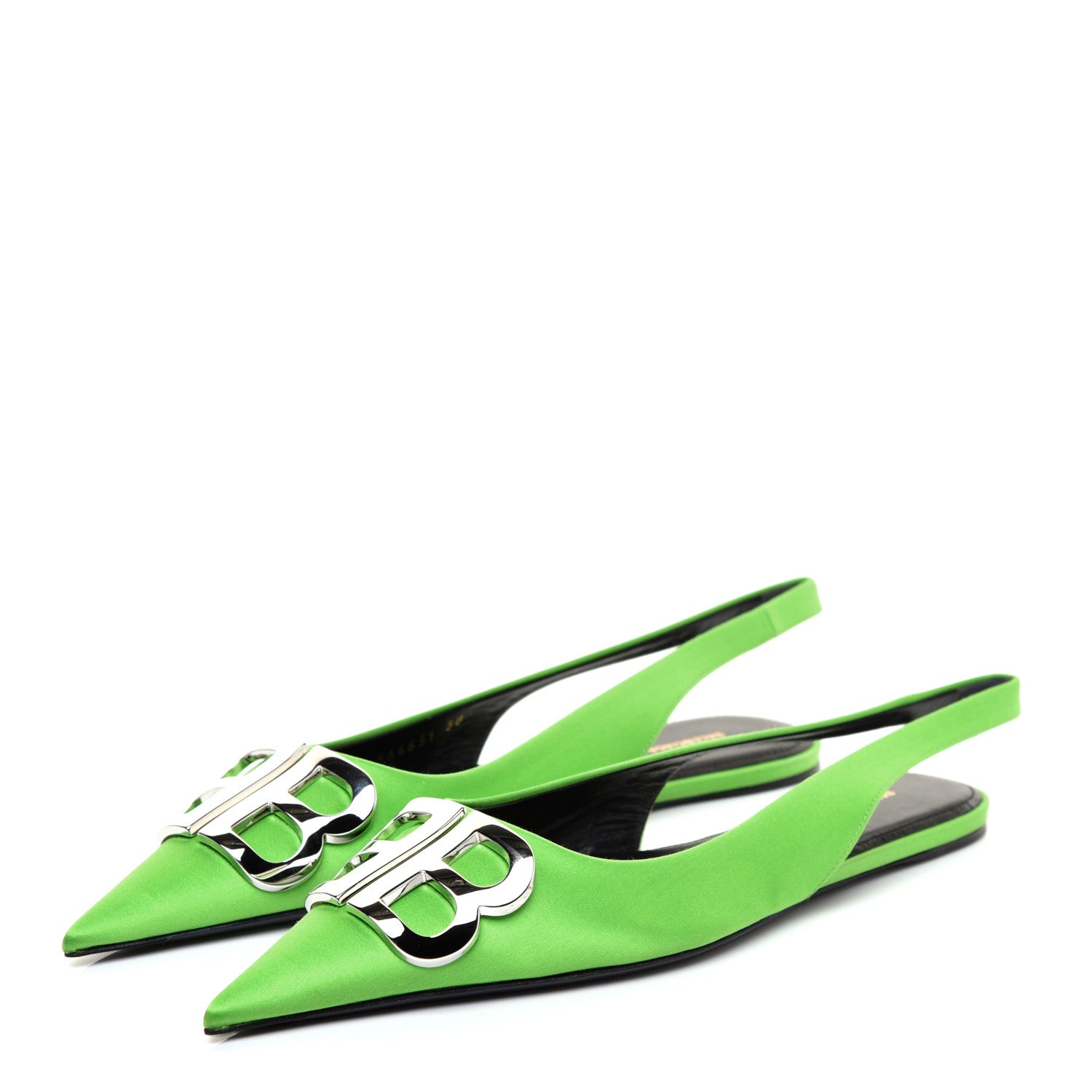 Balenciaga Satin BB Knife Pointy Toe Slingback Flats 38 Neon Green 3 of 9