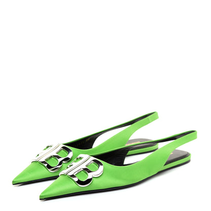 Balenciaga Satin BB Knife Pointy Toe Slingback Flats 38 Neon Green 3 of 9