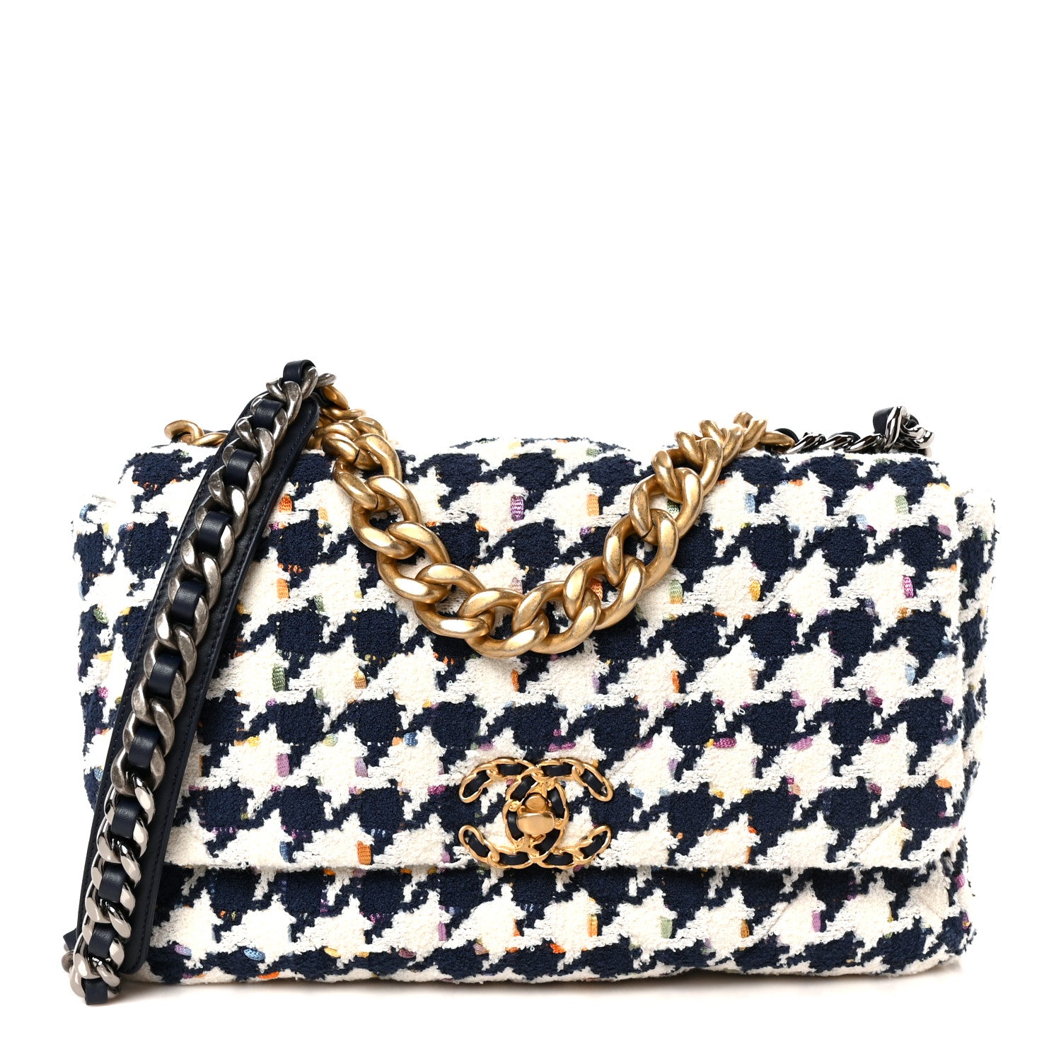 Chanel Tweed Quilted Large Chanel 19 Flap Ecru Navy Blue Multicolor 1 of 10