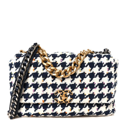 Chanel Tweed Quilted Large Chanel 19 Flap Ecru Navy Blue Multicolor 1 of 10