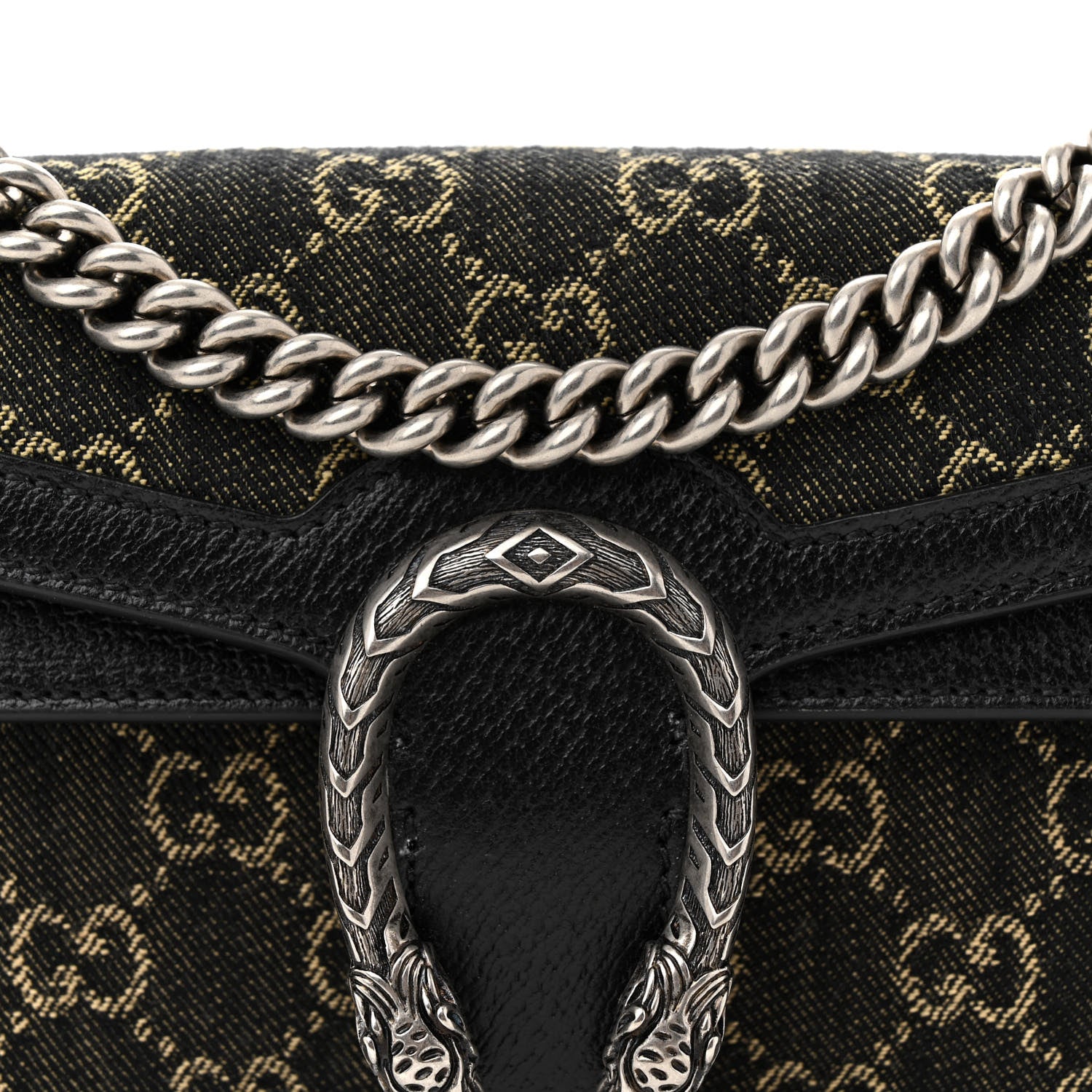 Gucci Jacquard Black Denim GG Monogram Textured Dollar Calfskin Small Dionysus Shoulder Bag Black Ivory 8 of 12