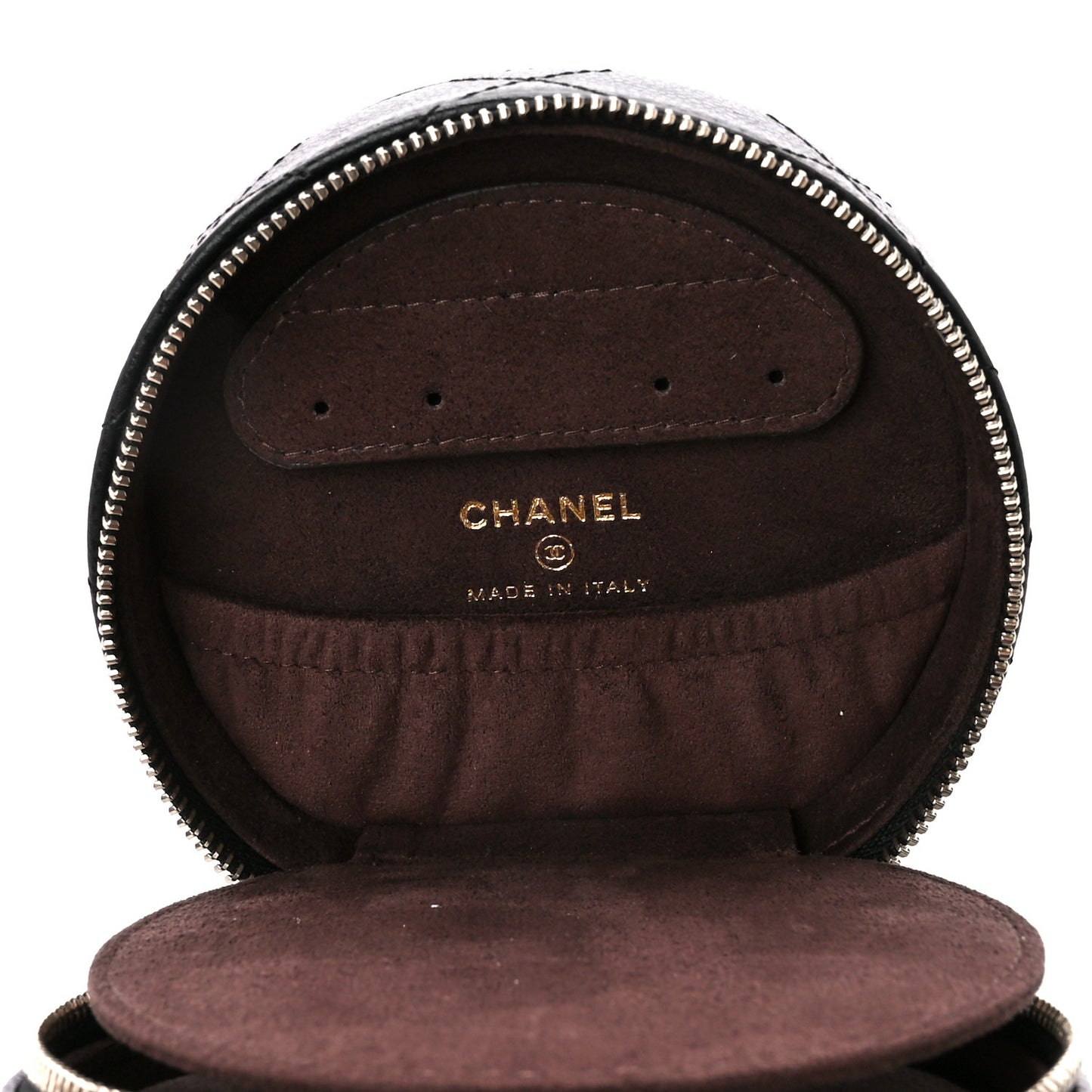 Caviar Quilted Round Top Handle Jewelry Case With Chain Black