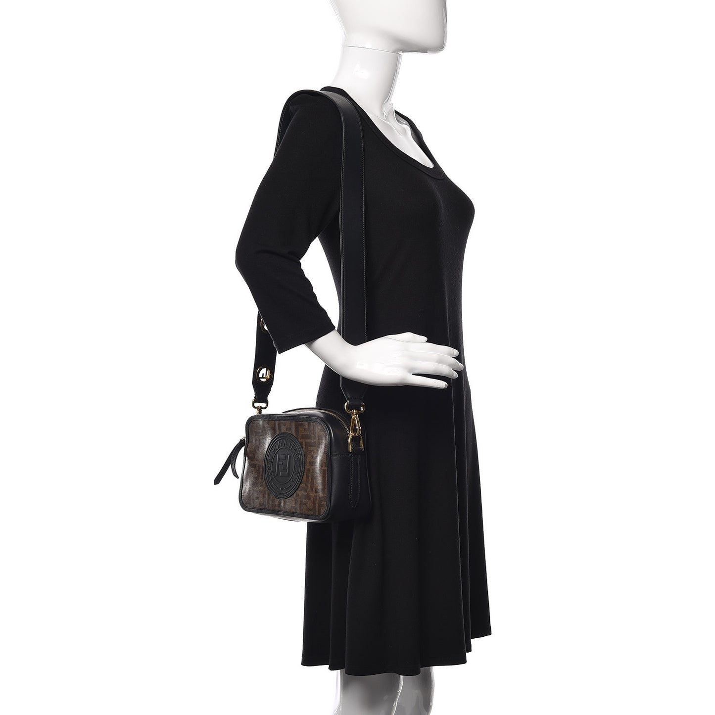 Glazed Fabric Vitello Century F is Fendi FF 1974 Stamp Patch Camera Case Mogano Panna Black