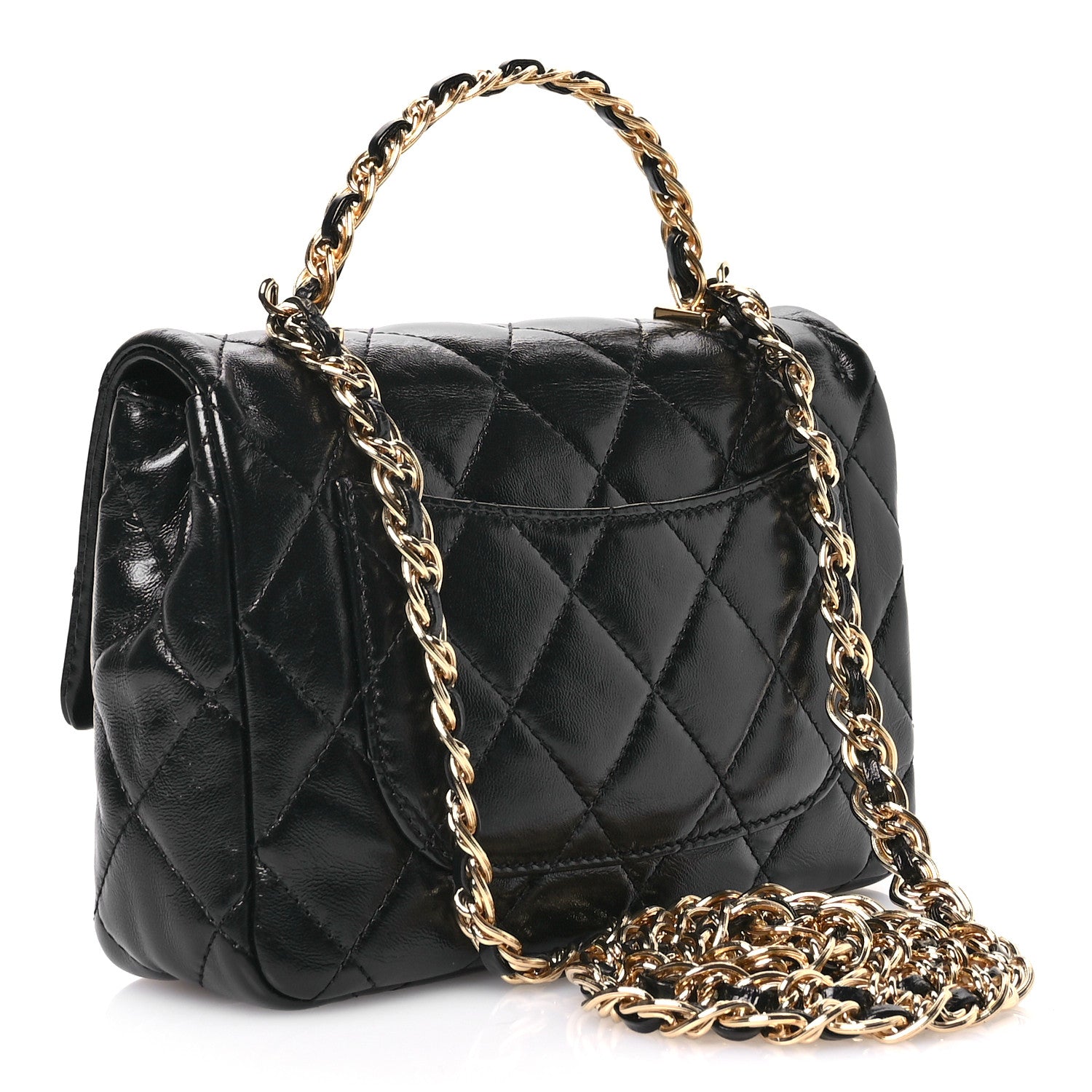 Chanel Shiny Lambskin Quilted Golden Links Top Handle Flap Black 2 of 10