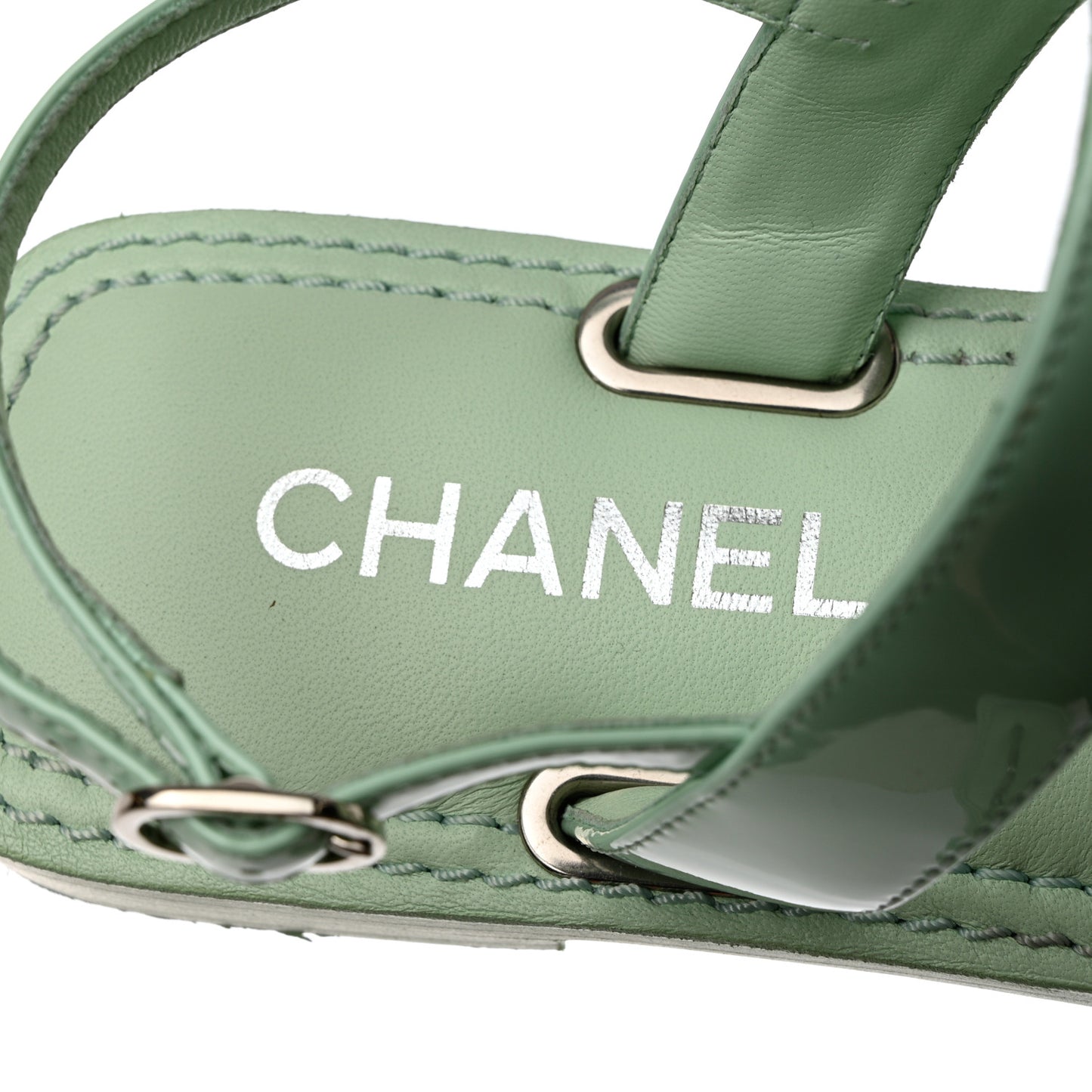 Lambskin Patent Chain CC Logo Thong Flat Sandals 37.5 Green