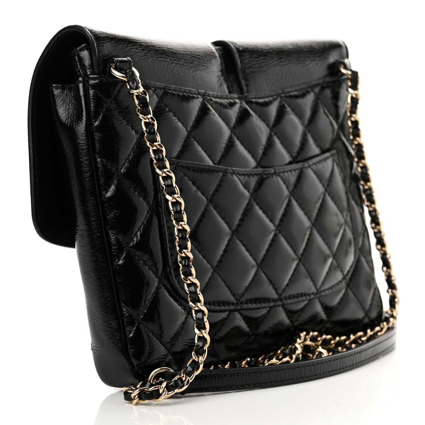 Glazed Calfskin Quilted Double Pocket Crossbody Flap Black