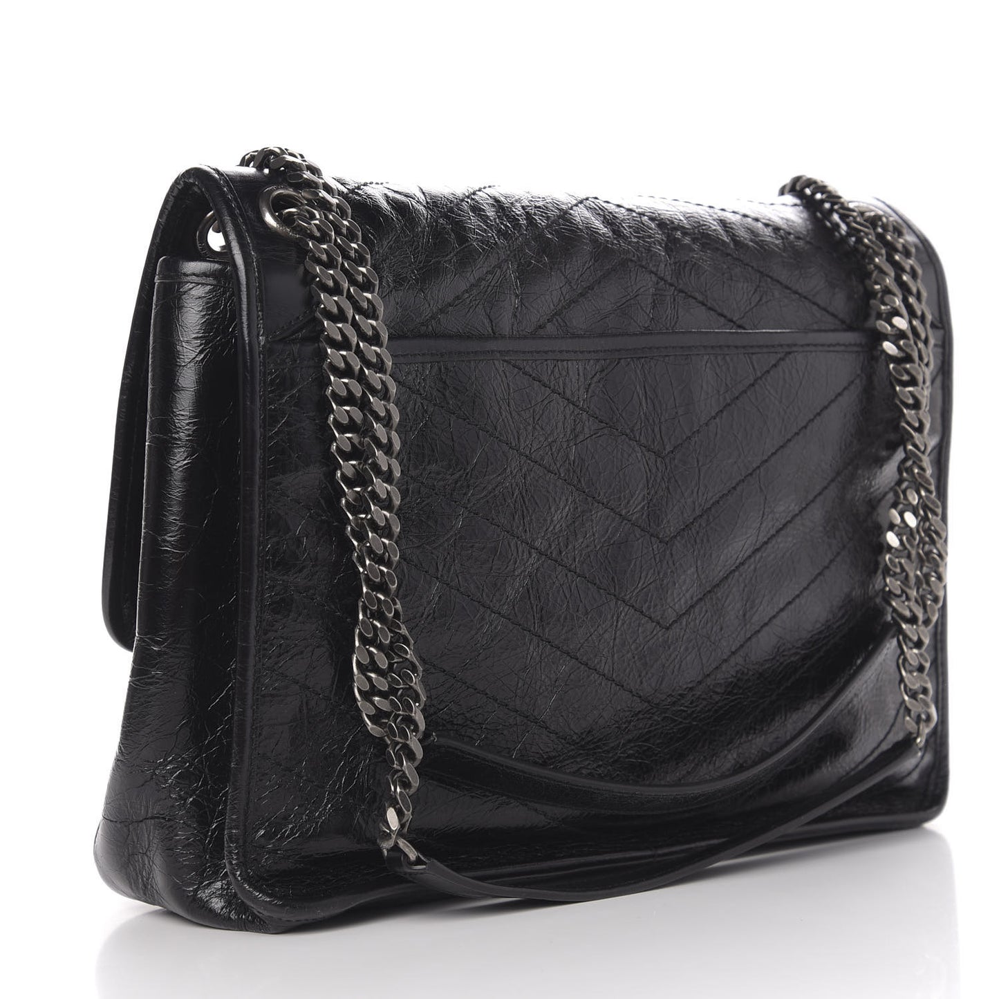 Crinkled Calfskin Matelasse Monogram Large Niki Chain Satchel Black