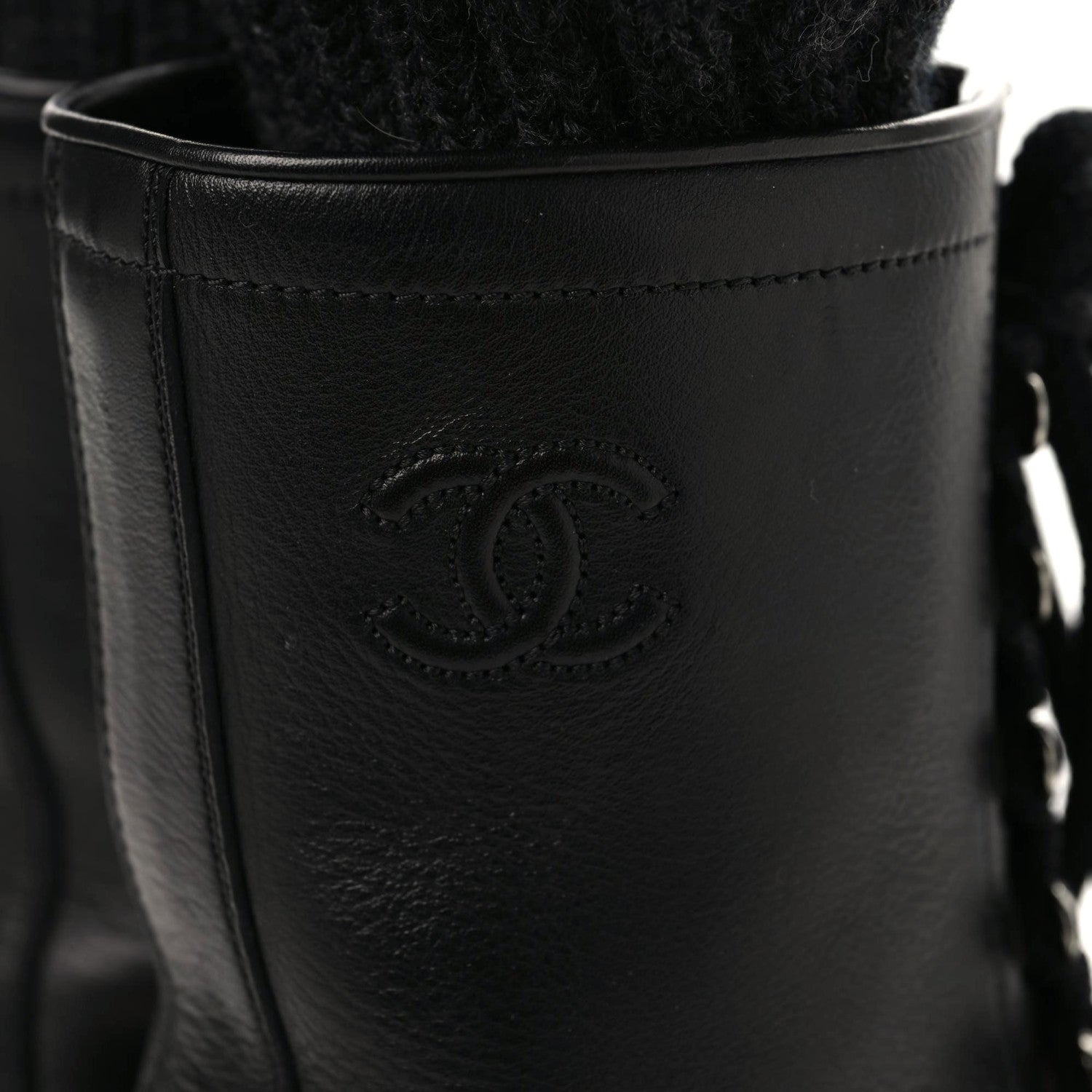Chanel Calfskin Sock High CC Combat Boots 39.5 Black Dark Grey 6 of 10