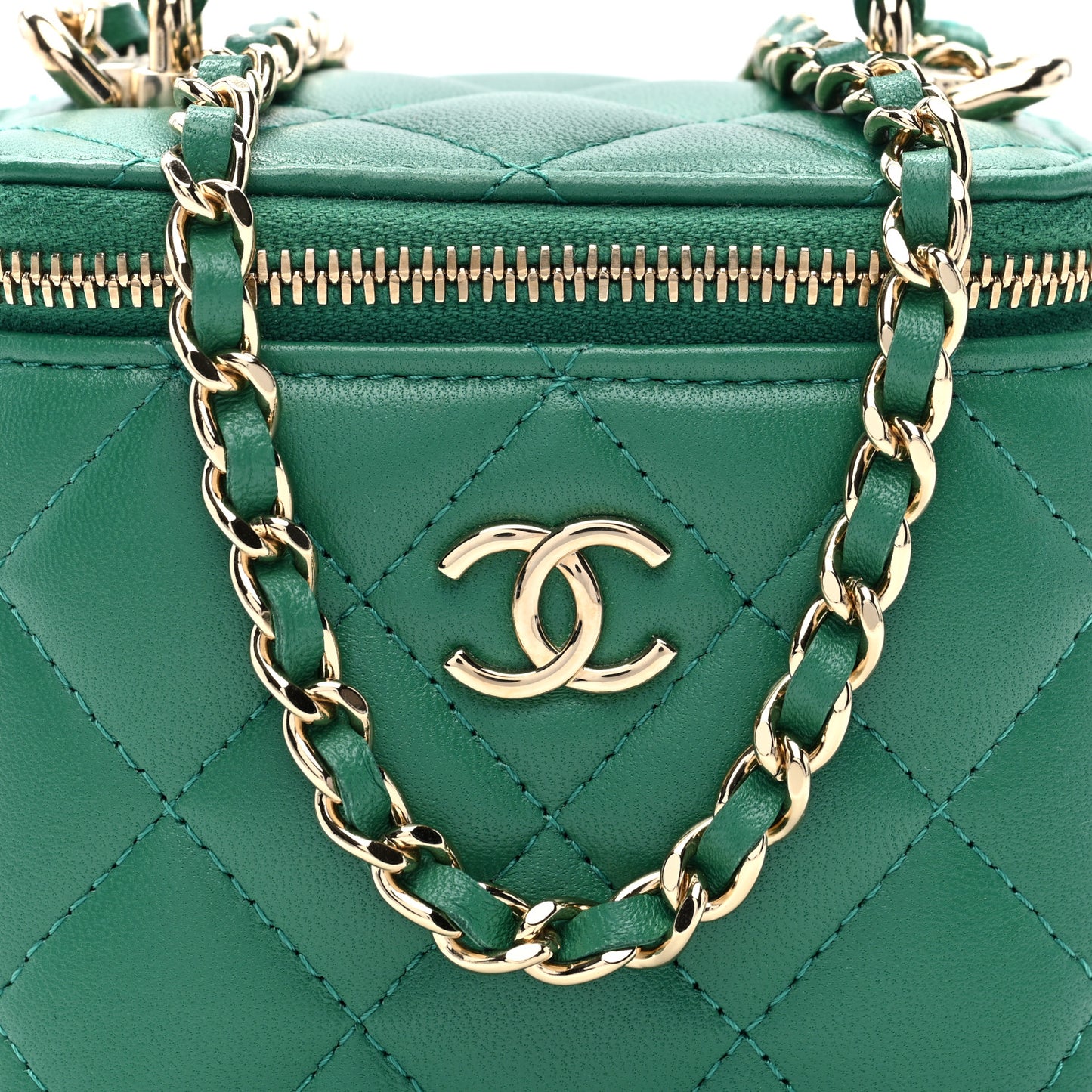 Lambskin Quilted Top Handle Mini Vanity Case With Chain Green