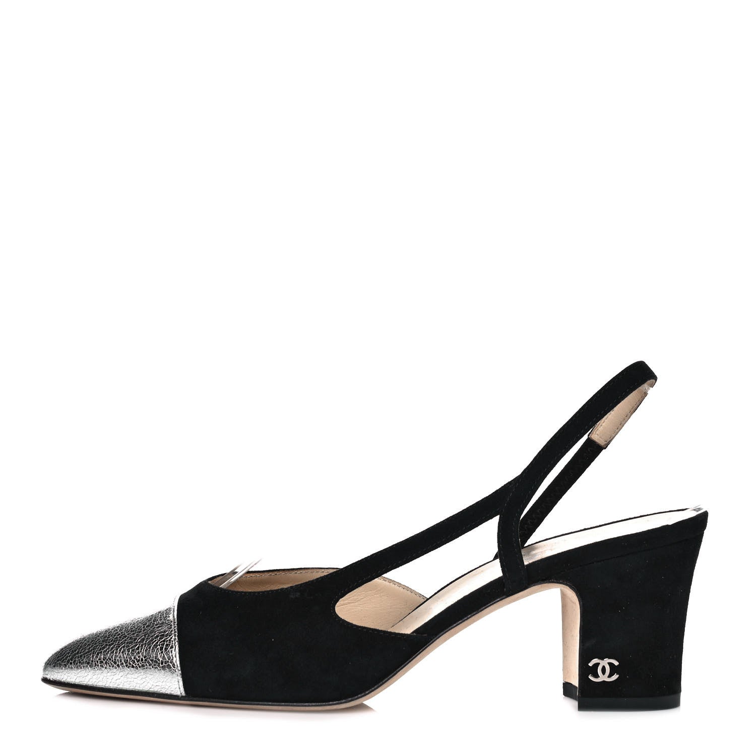 Chanel Kid Suede Metallic Lambskin Cap Toe CC Slingback Pumps 37.5 Black Silver 1 of 8