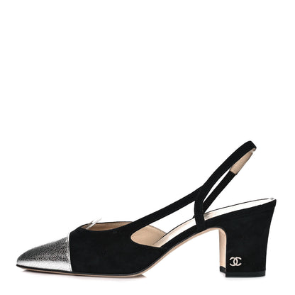 Chanel Kid Suede Metallic Lambskin Cap Toe CC Slingback Pumps 37.5 Black Silver 1 of 8