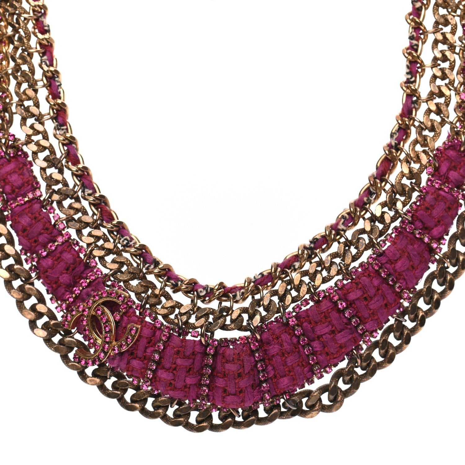 Chanel Wool Tweed Crystal Chainlink Bib Necklace Fuchsia Gold 3 of 6