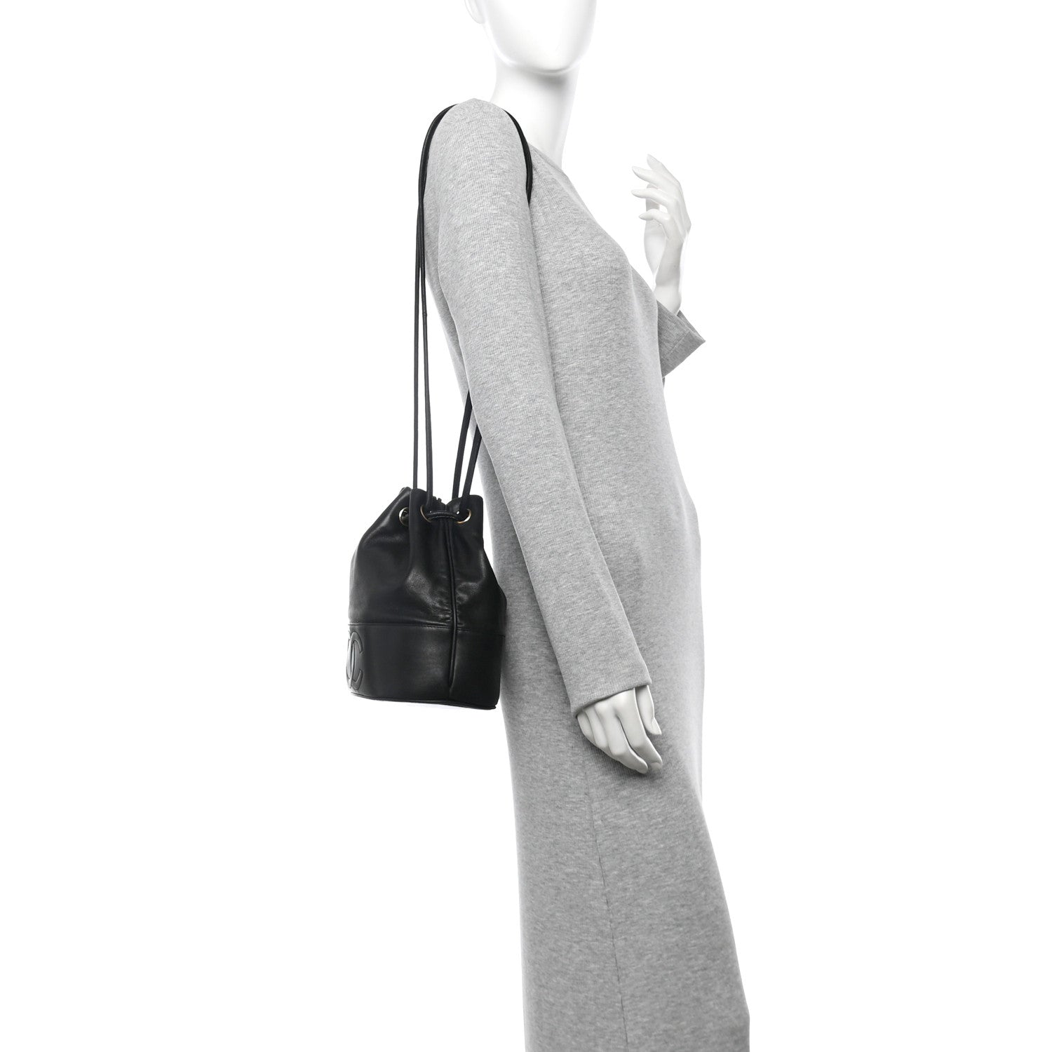 Chanel Lambskin CC Stitched Drawstring Bucket Bag Black 2 of 14