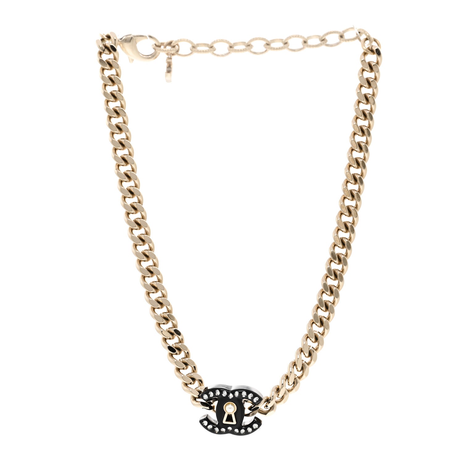 Chanel Crystal Pearl CC Lock Short Necklace Gold Black 3 of 6