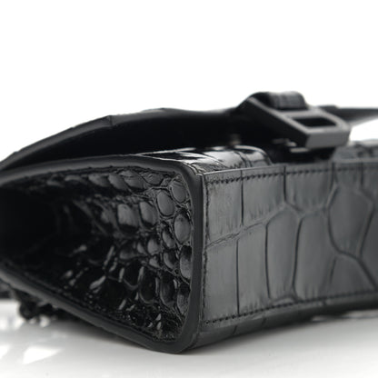 Balenciaga Shiny Calfskin Monochrome Crocodile Embossed Hourglass Top Handle Bag Mini with Chain Black 9 of 10