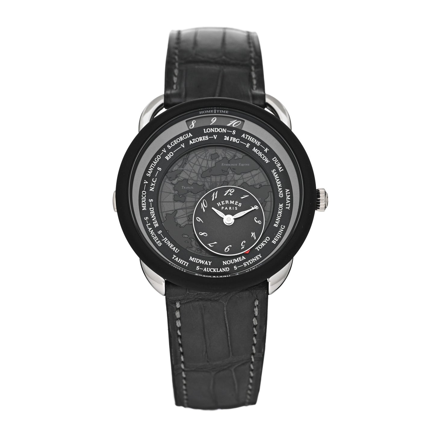 Platinum Titanium Alligator 43mm Arceau Le Temps Voyageur Automatic Watch Noir