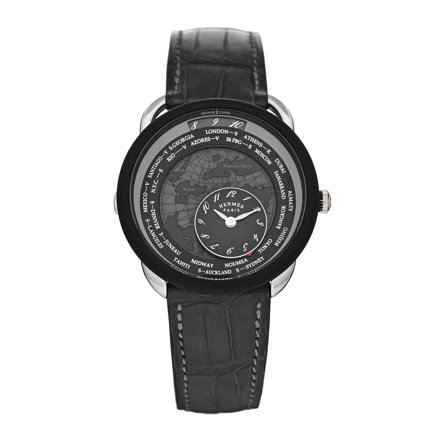 Hermes Platinum Titanium Alligator 43mm Arceau Le Temps Voyageur Automatic Watch Noir 1 of 5