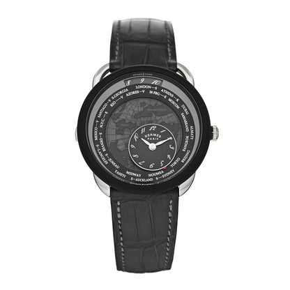 Hermes Platinum Titanium Alligator 43mm Arceau Le Temps Voyageur Automatic Watch Noir 1 of 5