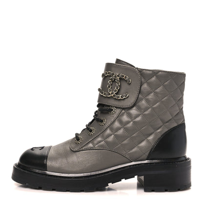 Chanel Shiny Lambskin Quilted Lace Up Combat Boots 39.5 Grey Black 1 of 10